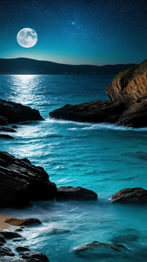 Photo realistic image of a night sea landscape with the moon being projected into the crystal clear waters with a starry sky 