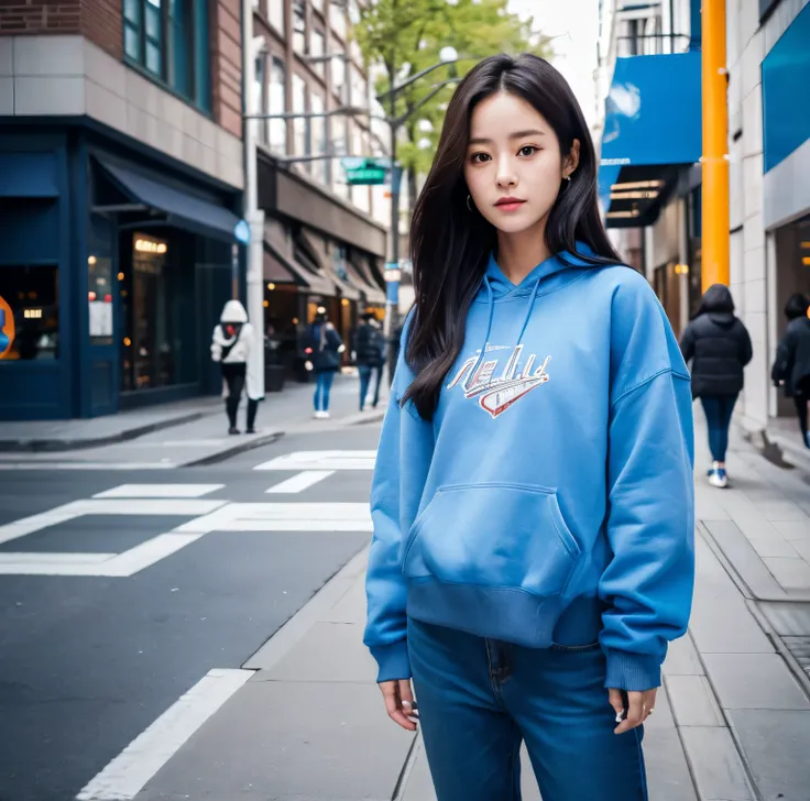 arafed woman in a blue sweatshirt and jeans standing on a city street, she is wearing streetwear, krystal, woman in streetwear, standing in a city center, in a navy blue sweater, korean girl, kim doyoung, portrait of jossi of blackpink, girl wearing unifor...