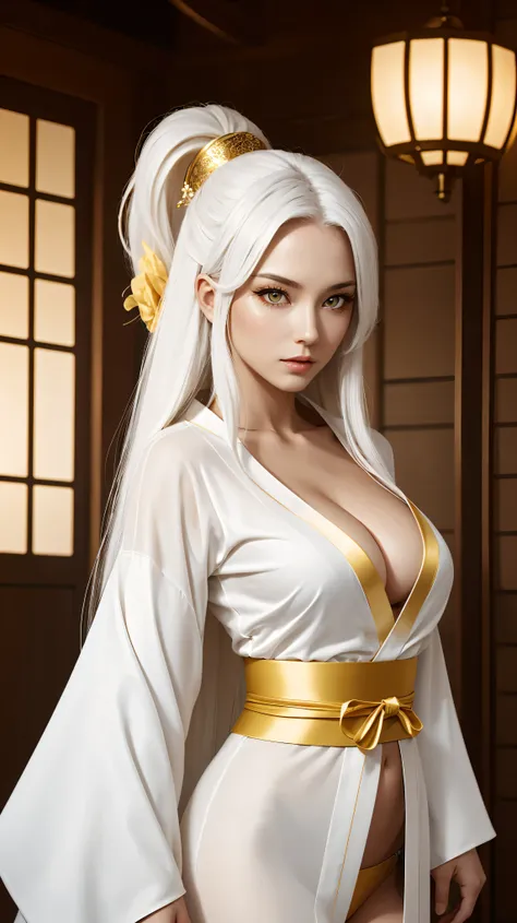 A beautiful and sexy woman with long white hair and yellow eyes Who has a very sexy body wearing a white kimono with gold details