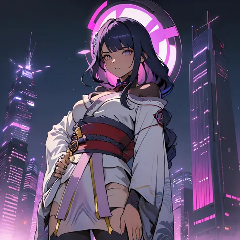 anime, (obra de arte, melhor qualidade, ultra-detalhado, alto contraste), 1 mulher (Sozinho, corpo todo, corpo plus size, standing on the edge of the skyscraper, cabelo prateado, CABELO LONGO E FLUXO, olhos vermelhos brilhantes de rubi, (Kimono preto, blac...