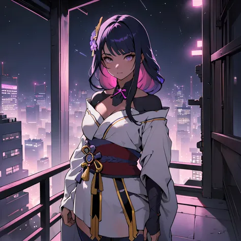 anime, (obra de arte, melhor qualidade, ultra-detalhado, alto contraste), 1 mulher (Sozinho, corpo todo, corpo plus size, standing on the edge of the skyscraper, cabelo prateado, CABELO LONGO E FLUXO, olhos vermelhos brilhantes de rubi, (Kimono preto, blac...