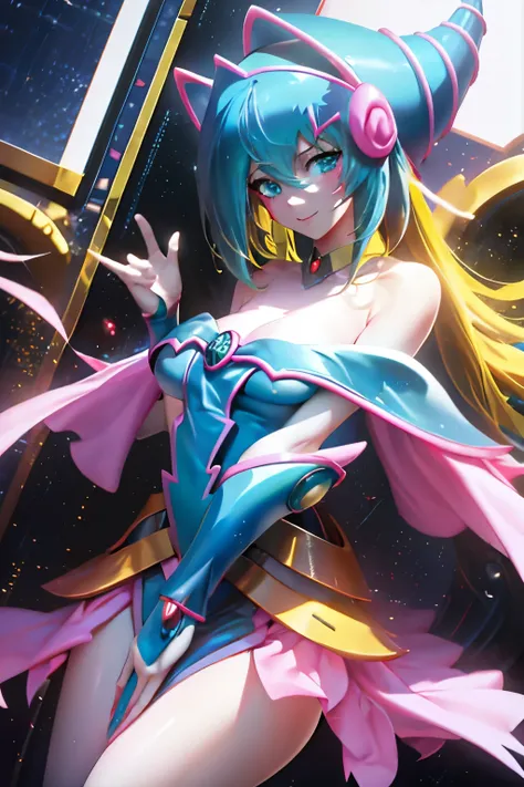 Hatsune Miku disfrazada de dark magician gils. Pose sensual y seductora. Fondo de magia 