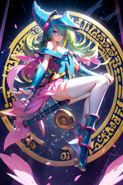 Hatsune Miku disfrazada de dark magician gils. Pose sensual y seductora. Fondo de magia 