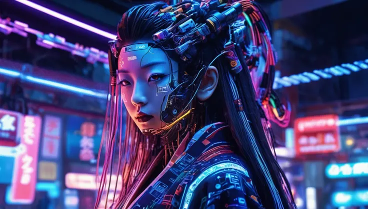 high technology, futuristic, cyborg girl, (photorealistic:1.4), long hair made of cables, robotic, lots of computer cables in th...