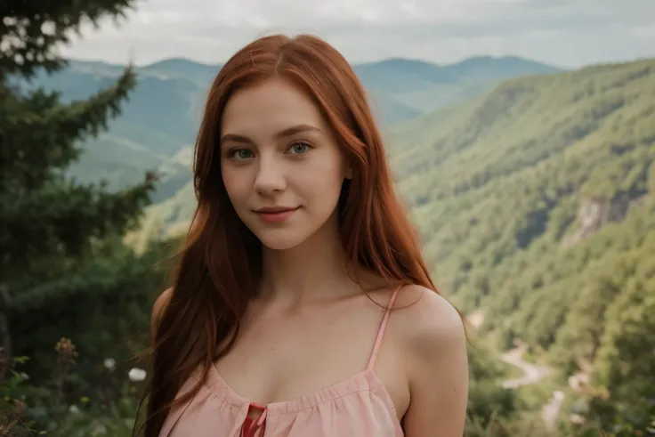 A young woman with long light red hair, Slavic appearance, green eyes, an elongated face, a slight smile and a portrait in a red and pink dress against the background of a mountain. Professional shooting, high quality, Sony A7 III, 35mm, professional soft ...