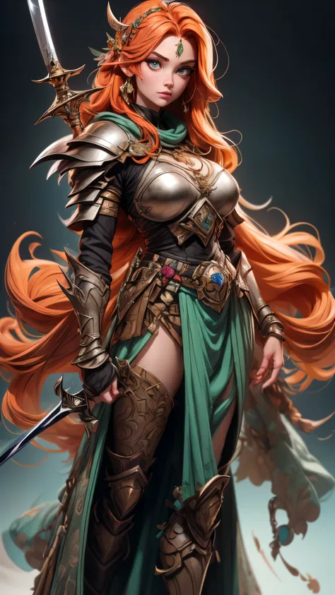 (best quality,4k,8k,highres,masterpiece:1.2),ultra-detailed, 1woman, irish goddess brigid, auburn hair, iron armor over druid ro...