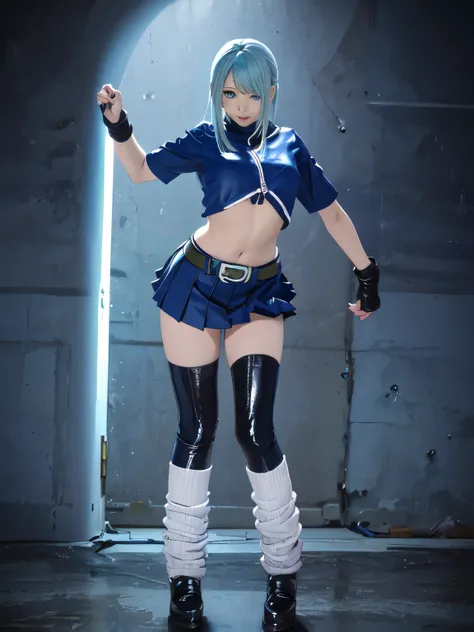 Blue Hair、Blue and black leather pants, Silver zipper,Belt below the waist,Ultra-fine illustrations,(((Beautiful fine hair))),(((Beautiful beautiful face))),(((Beautiful background))),Normal small size,Bangs Bangs ,(((Beautiful fine hair))),(((Beautiful be...