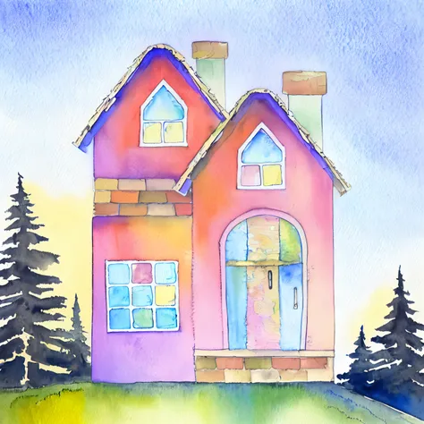 there is a watercolor painting of a house with a door and windows, house illustration, house and home, house background, cottage...