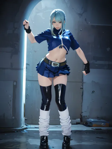 Blue Hair、Blue and black leather pants, Silver zipper,Belt below the waist,Ultra-fine illustrations,(((Beautiful fine hair))),(((Beautiful beautiful face))),(((Beautiful background))),Normal small size,Bangs Bangs ,(((Beautiful fine hair))),(((Beautiful be...