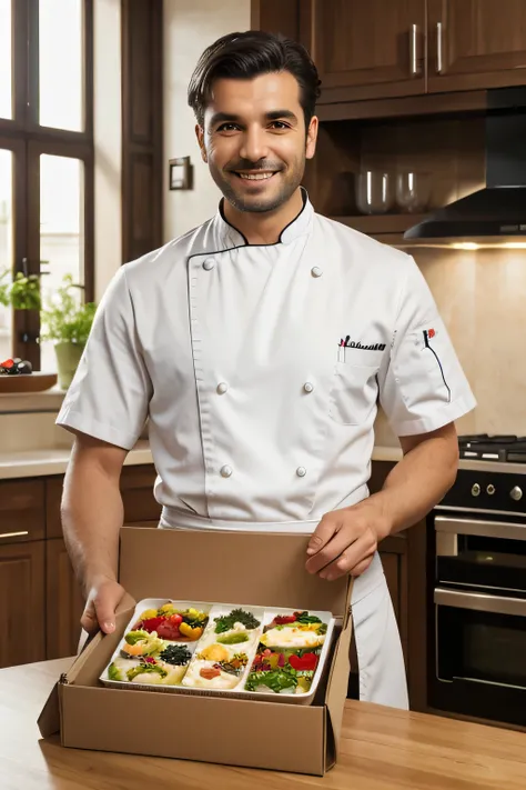 Smiling italian chef holding a brown box 20x15 cm with italian flag containing ingredients to prepare traditional italian dishes, photorealistic, 8k, photograph