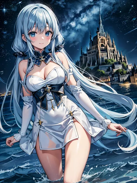 Mont Saint-Michel Abbey floating on the sea、moonlight、Big Moon、Starry Sky、milky way、Light blue long hair、Beautiful girl with twin tails、Adorable smile、