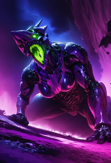 (best quality, 4k, ultra detailed, high resolution, masterpiece: 1.2), giant robotic humanoid (Eva 01) on all fours with its mouth open between trees in a valley, with its mouth open revealing intricate and detailed teeth and tongue, purple armor with glow...