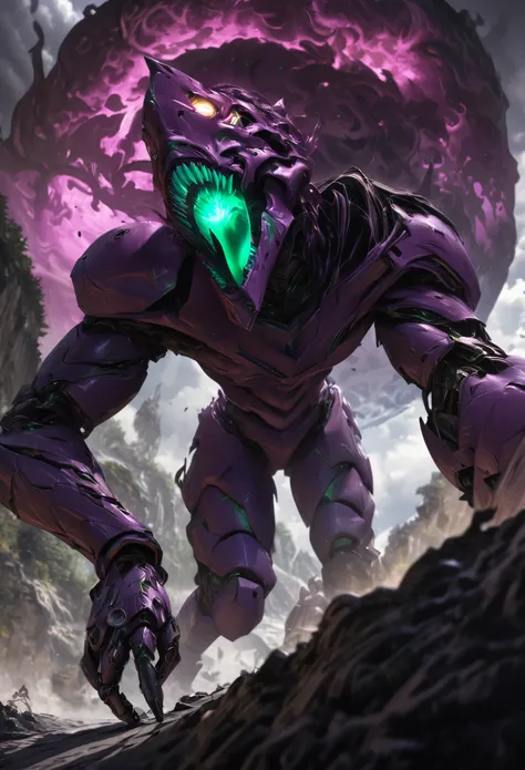 (best quality, 4k, ultra detailed, high resolution, masterpiece: 1.2), giant robotic humanoid (Eva 01) on all fours with its mouth open between trees in a valley, with its mouth open revealing intricate and detailed teeth and tongue, purple armor with glow...