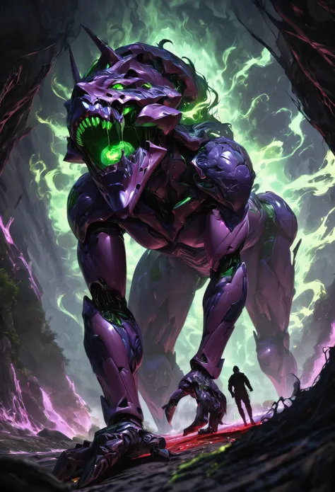 (best quality, 4k, ultra detailed, high resolution, masterpiece: 1.2), giant robotic humanoid (Eva 01) on all fours with its mouth open between trees in a valley, with its mouth open revealing intricate and detailed teeth and tongue, purple armor with glow...