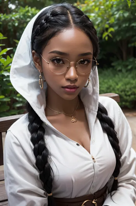 a black woman with dark skin is the main subject of the portrait. her hair is styled in elaborate copper braided hair, shining b...