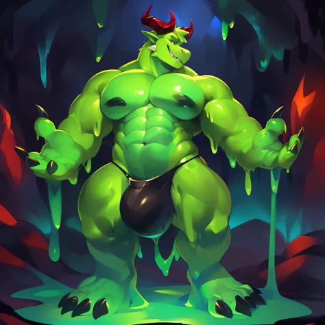 Solo, male (((dragon, goo creature, green body, muscular, huge pecs, abs, big horns, sinister smile, clawed hands, clawed feet, black thong, big bulge))) standing, cave, goo body, goo horns, perfect anatomy, by darkgem, by mystikfox61, by glitter trap boy