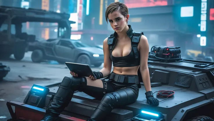 A young female hacker sitting on the hood of a wrecked APC in a cyberpunk metropolis facing the viewer, right arm resting on her waist, left arm held forward holding a transparent smart tablet, short undercut haircut, immaculate skin, scared look on her fa...