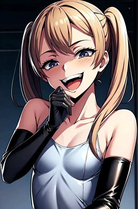 Best picture quality, 4K, 8K, High resolution, Masterpiece: 1.2), ultra detailed,,black and dark aura background,masterpiece, highest quality,best quakity, High resolution,,twintail,flat chest,sheded face,latex,elbow gloves,evil smile,sadistic,evil laugh,s...