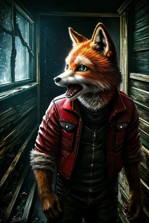 30 year old man, solo, ((antropomorfic fox)), ((fox with realistic fur)), red jacket with black sheves, scared, crying, open mou...