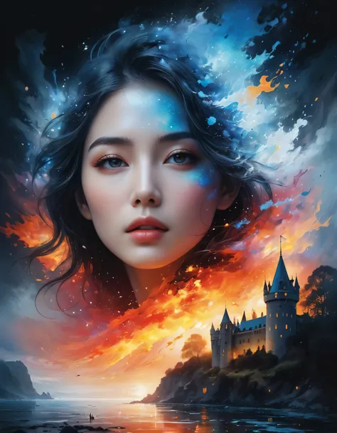 ((Masterpiece in maximum 16K resolution):1.6),((soft_color_photograpy:)1.5), ((Ultra-Detailed):1.4),((Movie-like still images and dynamic angles):1.3) | (double contact:1.3), Beautiful dream castle silhouette effect, Superimposed on Pretty Female《dream cas...