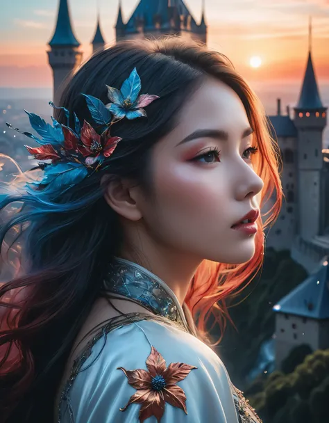 ((Masterpiece in maximum 16K resolution):1.6),((soft_color_photograpy:)1.5), ((Ultra-Detailed):1.4),((Movie-like still images and dynamic angles):1.3) | (double contact:1.3), Beautiful dream castle silhouette effect, Superimposed on Sleeping Pretty Female《...