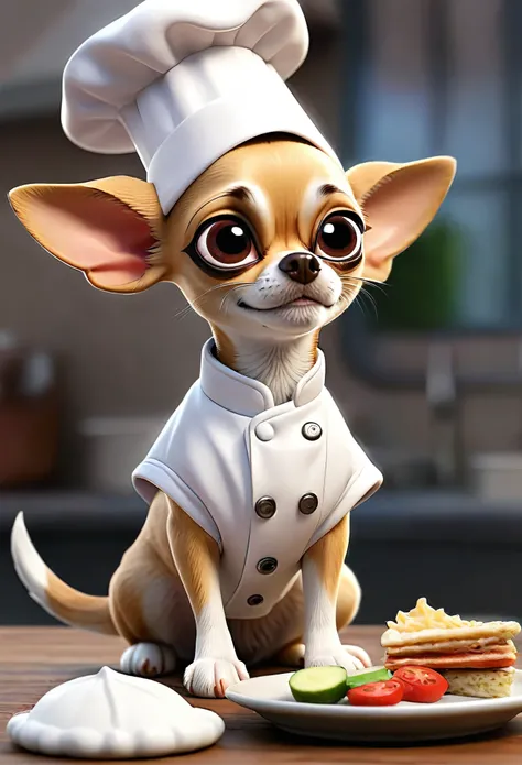 Perro chihuahua,blanco, gorro de chef