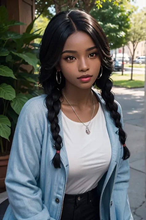 a black woman with dark skin is the main subject of the portrait. her hair is styled in elaborate copper braided hair, shining b...