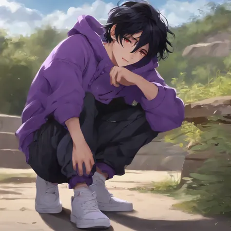 An anime boy with black hair and a purple sweatshirt and torn pants