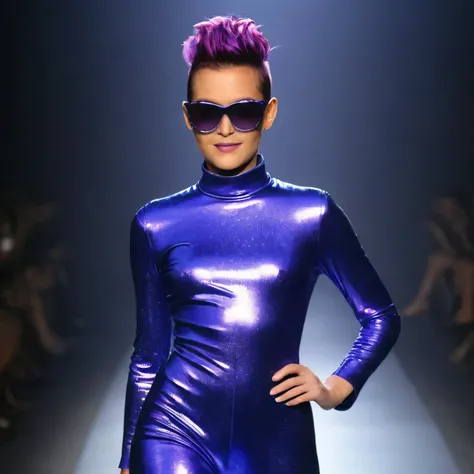 
Imagine Anika, a rising star with electrifying purple hair styled in a gravity-defying Mohawk, taking center stage on the runway.  Clad in a holographic jumpsuit that shimmers like a nebula, she radiates confidence with every step. The jumpsuit seamlessly...