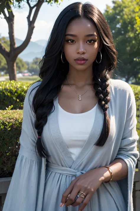 A black woman with dark skin is the main subject of the portrait. Her hair is styled in elaborate copper braided hair, shining beautifully. Her smooth skin is flawlessly highlighted, and she has a mole on her cheek that adds a touch of charm. She has lusci...