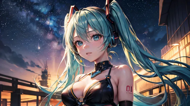 (oil, masterpiece, highest quality, Super detailed, Focus on the characters), Hatsune Miku，Headphones，Detailed facial expression depiction，Detailed hair depiction,([return:0.8]|[ face facing returnwards:1.1]), Super big breasts,sling bikini([Night starry s...