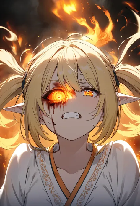 One anime girl, 1 anime girl, blonde straight hair just below the shoulders, thin pigtails in her hair, elf ears, one eye green, the other eye blue, white kimono, looks at the fire with fear, a glint of orange light on her face, vivid emotions, terrible fr...