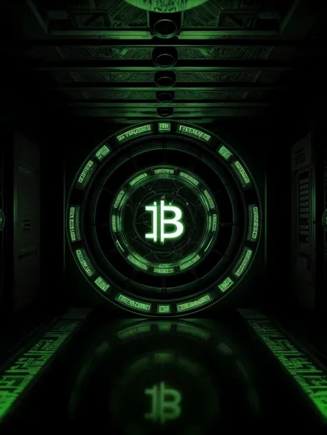 se muestra un logotipo de Bitcoin (In English) in a dark room with green lights, Criptomoneda en segundo plano, cripto, criptomoneda, 🚀🚀🚀, Satoshi, Bitcoin (In English), mining, Giant crypto vault, Neo, cryptidcore, Crypto Valut, centro, Luz matricial verd...