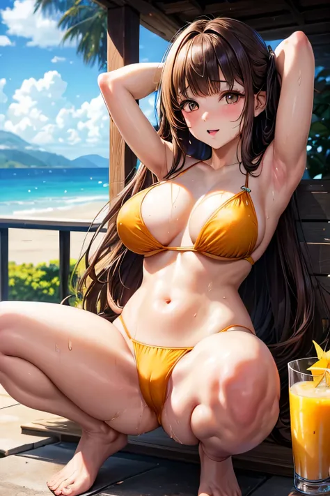 High resolution, high quality, One girl, Anime Girls, Brown long hair,straight hair,blunt bangs, Brown eyes, heart shaped pupils,[[pale skin]],Glowing Skin, Large Breasts,beautiful breasts,pointy breasts,Big Ass,beautiful ass,Embarrassed,swimsuit,lower bod...