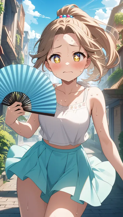 Ultra hd,anime girl,beautiful detailed eyes and face,sparkling eyes,sweaty forehead,blushing cheeks,summer outfit,short skirt and tank top,playing with a fan,refreshing breeze,beads of sweat on her face,anime hairstyle,ponytail,fantasy background,Cityscape...