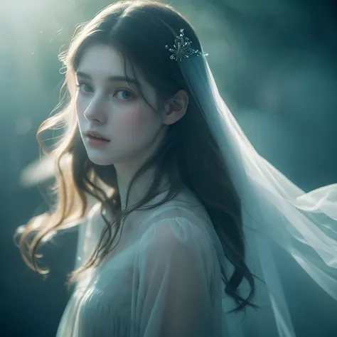 a girl with detailed eyes, detailed lips, extremely detailed eyes and face, long eyelashes, ghostly appearance, beautiful and haunting, floating mysteriously, ethereal beauty, translucent form, pale complexion, flowing hair, ethereal dress, mysterious aura...