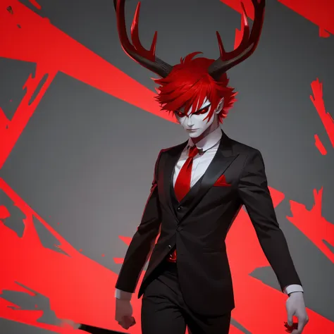 deer demon, red hair, red business suit, red eyes, grey skin