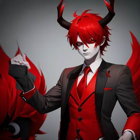 Deer demon, red hair, red business suit, red eyes, grey skin