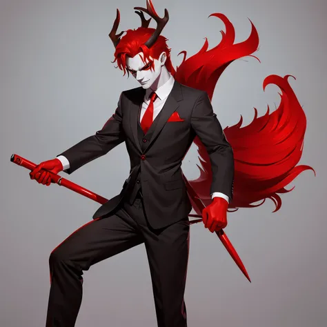 Deer demon, red hair, red business suit, red eyes, grey skin