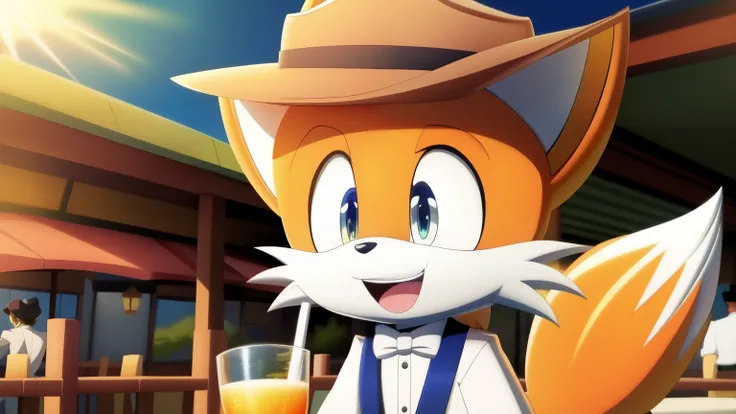 tails the fox wearing white tuxedo and withe fedora, on a pub, drinking oange juicy, anime style, digital art, 8k