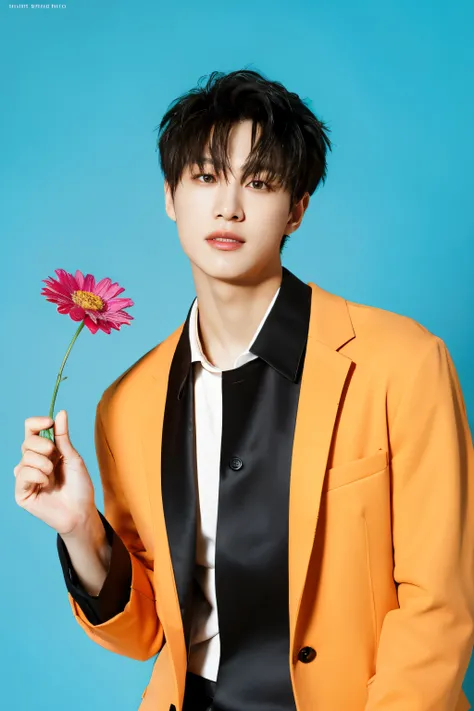 Full colorful background and backdrop,magazine photo,hand hold flower prop,no text,short blazer,Handsome korean male,Center-parted hairstyle,a cassock,worship,angle tilted to the side,