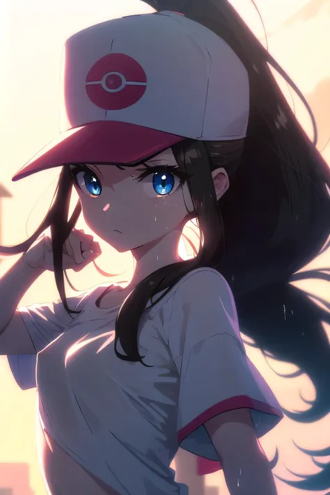 ((nsfw)), Pokemon Hilda, See-through, Wet and transparent, Pokemon Hilda, blue eyes, Brown Hair, Long Hair, ponytail, (Small breasts:1.2),Soaked break baseball cap, blue Shorts, denim, Have, Shorts, Best, Wristband, No sleeve, black Best, white shirt, shir...