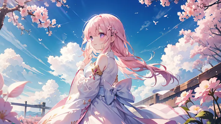 cherry blossoms,(Highest quality、masterpiece、Super fine、Super fine、Exquisite、16k、Full HD) 、((profile,Look Up)), ((Big Move,happy,fun))mysterious、((Only one person:1.5)) 、Fantasy、Fantasy World、adventure、village、Soft sunlight、((Clear skies)) 、smile、(Full of ...