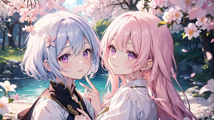 cherry blossoms,(Highest quality、masterpiece、Super fine、Super fine、Exquisite、16k、Full HD) 、((profile,Look Up)), ((Big Move,happy,fun))mysterious、((Only one person:1.5)) 、Fantasy、Fantasy World、adventure、village、Soft sunlight、((Clear skies)) 、smile、(Full of ...