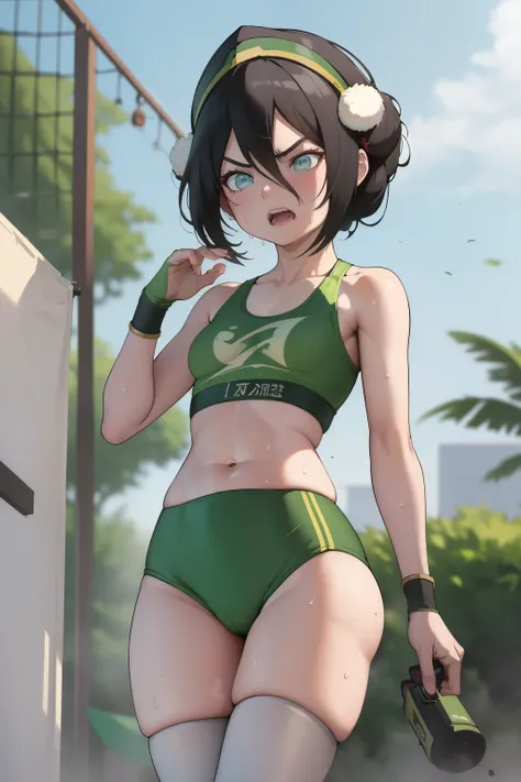 ((4k, ​master piece, best quality)), toph beifong  1girl , blind eyes  , small breasts⁩, cute, angry ,  sports bra  , morning, p...