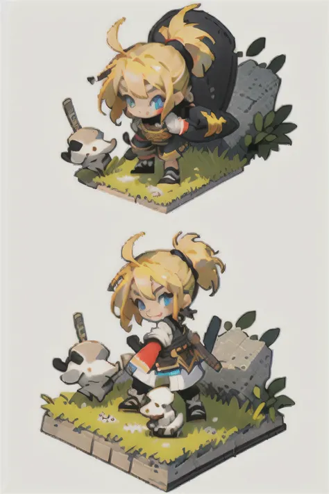 (masterpiece), best quality, cute, kawaii, 1 girl,small kid,solo,(knight),white knight,blond hair, blue eyes,(isometric view),simple background,smile,have a great sword,town,in fight