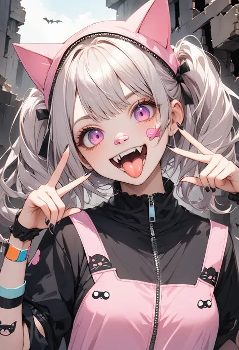 twin tail, black costume, (Ragged ruins background), desapair eyes, 1girl, (cute girl), sticking out tongue, open mouth, looking at viewer, upper body, nails polish, fangs, (fansy band aid),band aid on arm, teeth, solo, frill, cat costume, zip up