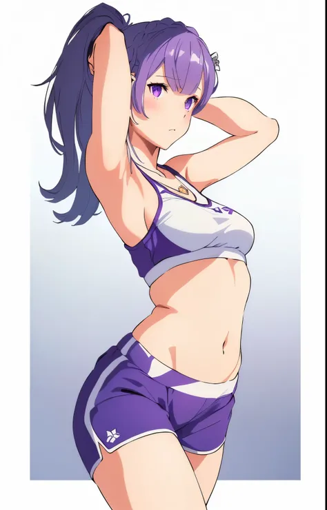 Emilia re:zero, purple eyes, Emilia, crown braid, x hair ornament, flower hair ornament, white hair, long hair, medium breasts, a cartoon picture of a woman in a sports bra top and gym shorts, commission for high res, at the gym, cel shaded!!!, oc commissi...