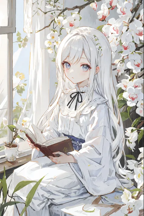 long hair, white, orchids, sitting, looking out a window, looking at the window, not looking at viewer, reading a book