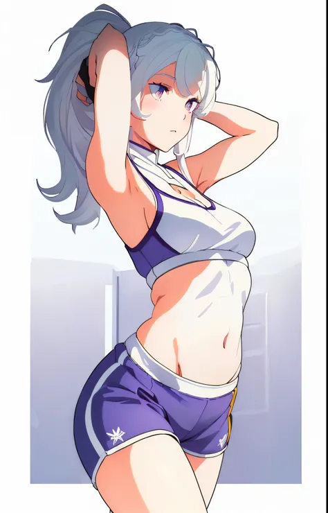 Emilia re:zero, purple eyes, Emilia, crown braid, x hair ornament, flower hair ornament, (white hair:2.0), long hair, medium breasts, a cartoon picture of a woman in a sports bra top and gym shorts, commission for high res, at the gym, cel shaded!!!, oc co...